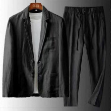 (XL, black) Men's 2 Piece Set Linen Pocket Solid Breathable Casual Mens Suit Business Clothing Thin Jacket Prom Long Pants Blazer Outfits