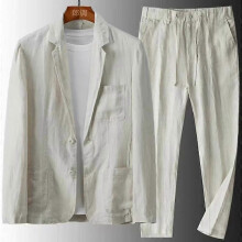 (S, apricot) Men's 2 Piece Set Linen Pocket Solid Breathable Casual Mens Suit Business Clothing Thin Jacket Prom Long Pants Blazer Outfits