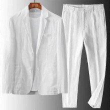 (M, white) Men's 2 Piece Set Linen Pocket Solid Breathable Casual Mens Suit Business Clothing Thin Jacket Prom Long Pants Blazer Outfits