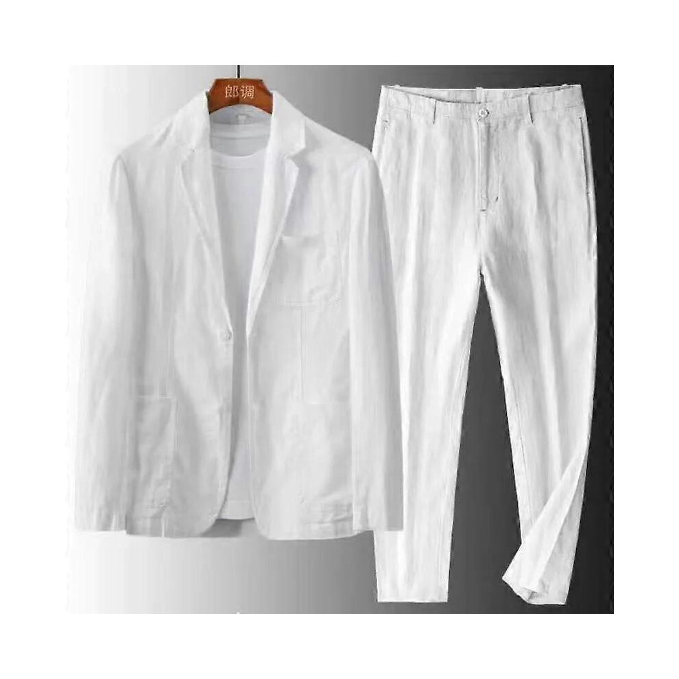 (S,white)Men's 2 Piece Set Linen Pocket Solid Breathable Casual Mens Suit Business Clothing Thin Jacket Prom Long Pants Blazer Outfits