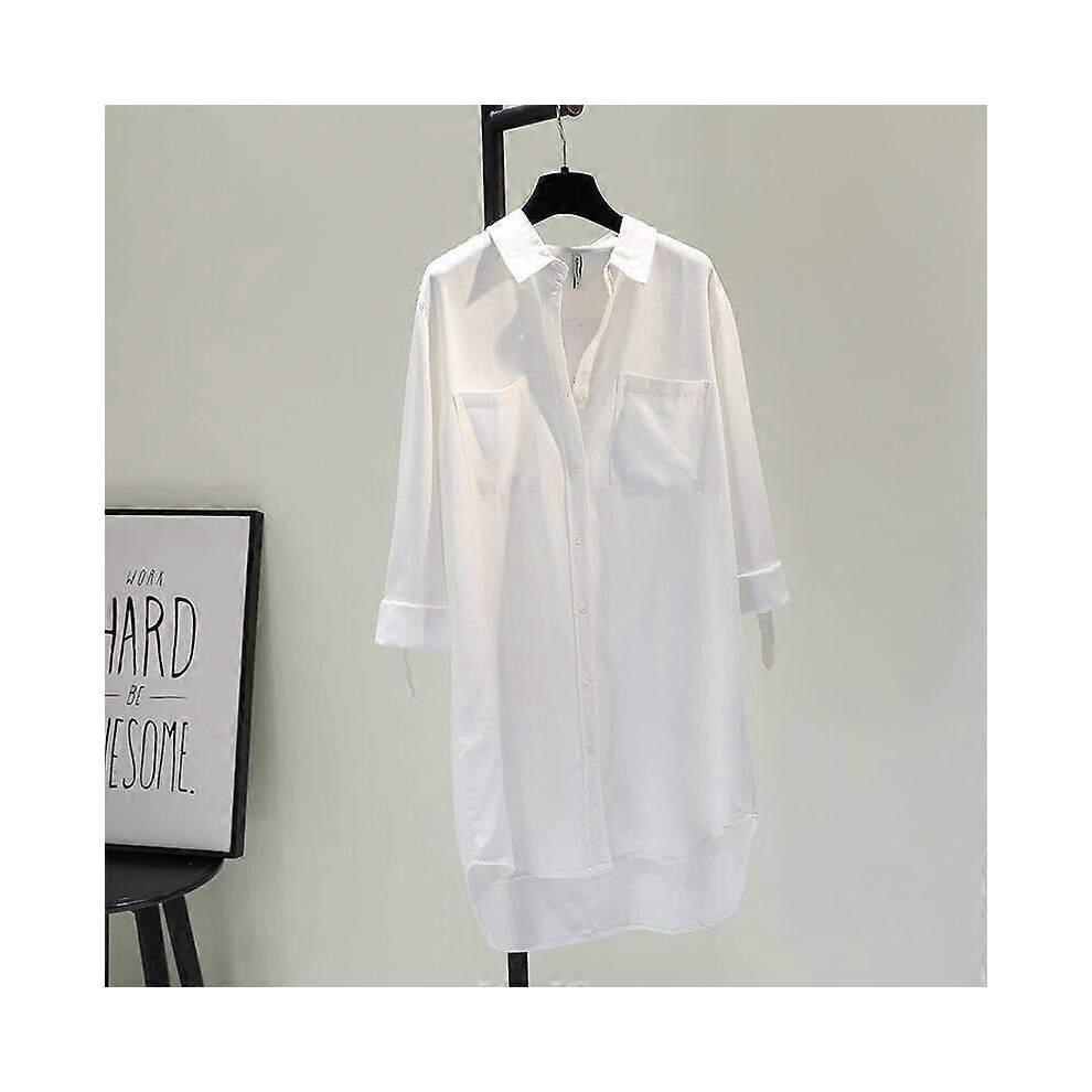 (XL,white)Spring Solid Denim Shirt Dress Casual Tops Fashion Pocket Long Sleeve Shirt For Women Elegant Medium Length Loose Clothes 24120