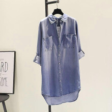 (L, blue) Spring Solid Denim Shirt Dress Casual Tops Fashion Pocket Long Sleeve Shirt For Women Elegant Medium Length Loose Clothes 24120