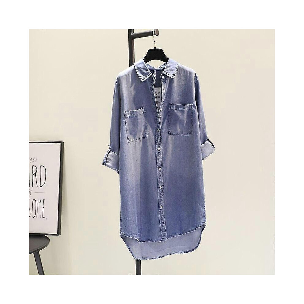 (L,blue)Spring Solid Denim Shirt Dress Casual Tops Fashion Pocket Long Sleeve Shirt For Women Elegant Medium Length Loose Clothes 24120