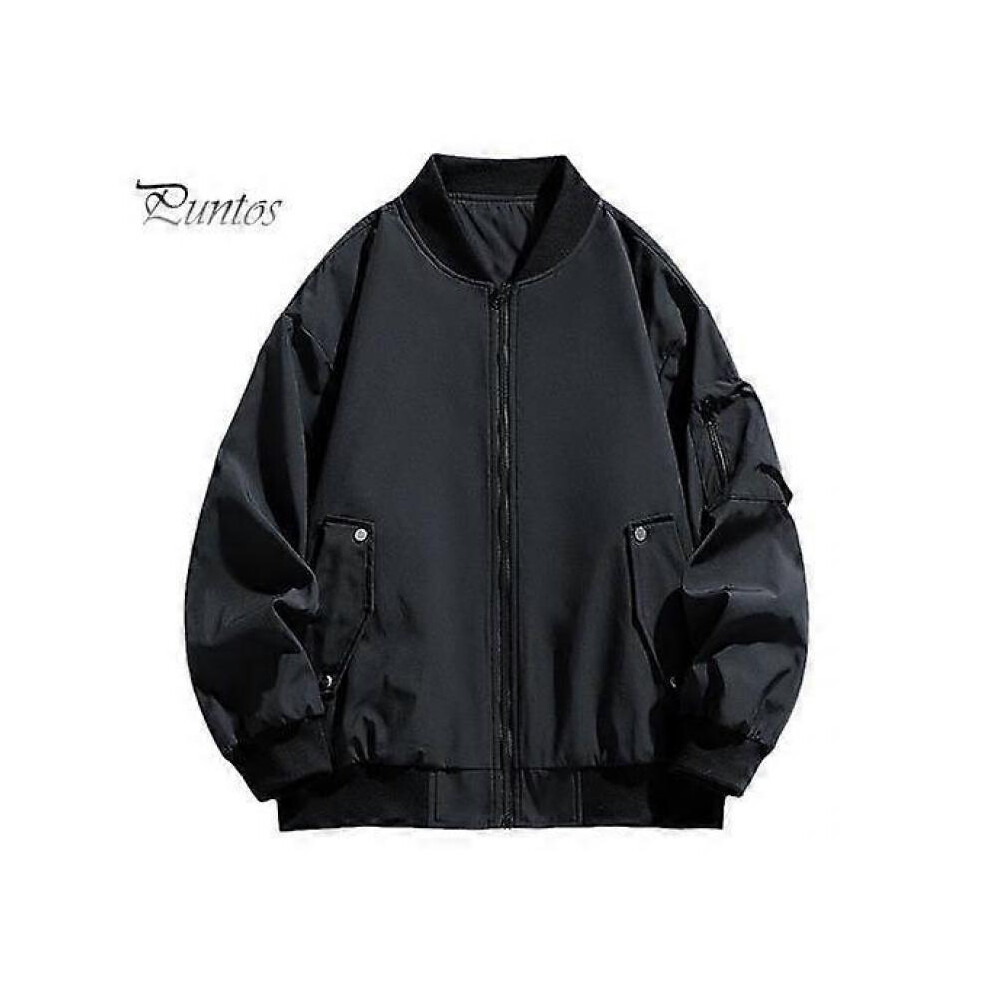 (M,black)Men Baseball Jacket Full Zipper Lightweight Solid Color Two Side Pockets Outdoor Casual Coat Spring And Autumn Tops for Daily Wear