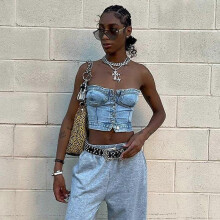 (S, blue) Female Denim Corset Top Off Shoulder Sexy Tube Top Party Summer Tops