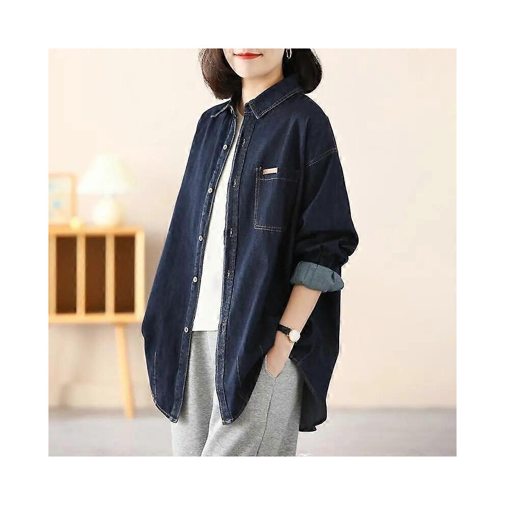 (M,blue)Denim Shirt Women's Spring and Autumn Casual Korean Version of The Large Size Denim Shirt Jacket Top Women