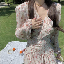 (S, pink) Spring Crush Flower Dress Gentle Casual Beach Dress v-neck Sexy Long Sleeves Dress