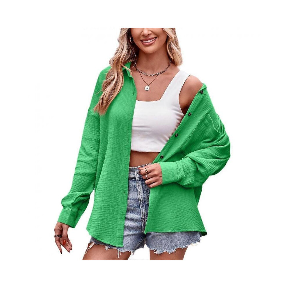 (M, Green) Jkashdk Women's Fashion Casual Autumn Winter Solid Color Print Long Sleeve Polo Neck Blouses & Shirts-image