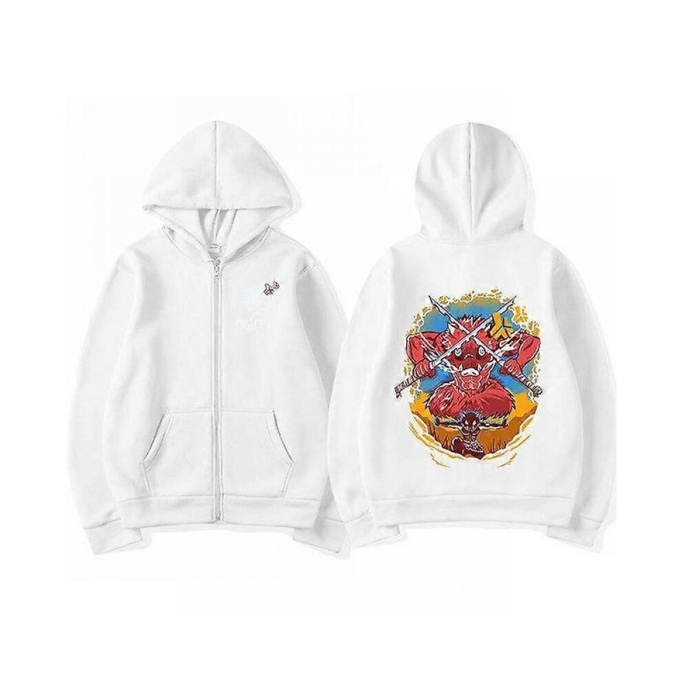 (L,white)Anime Demon Slayer Zipper Hoodies Kimetsu No Yaiba Funny Boar Head Inosuke Zip Up Hooded Sweatshirts Long Sleeves Hoodies Mens Coats Jackets