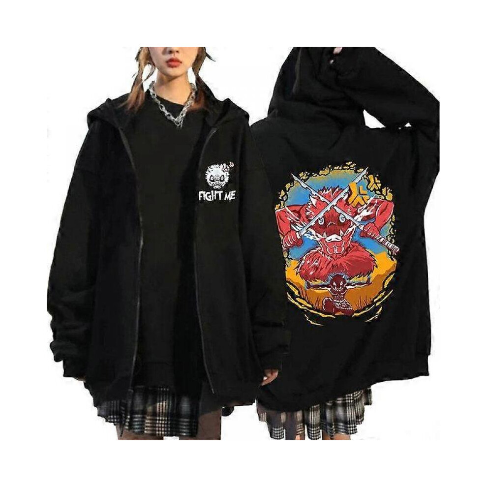 (M,black)Anime Demon Slayer Zipper Hoodies Kimetsu No Yaiba Funny Boar Head Inosuke Zip Up Hooded Sweatshirts Long Sleeves Hoodies Mens Coats Jackets