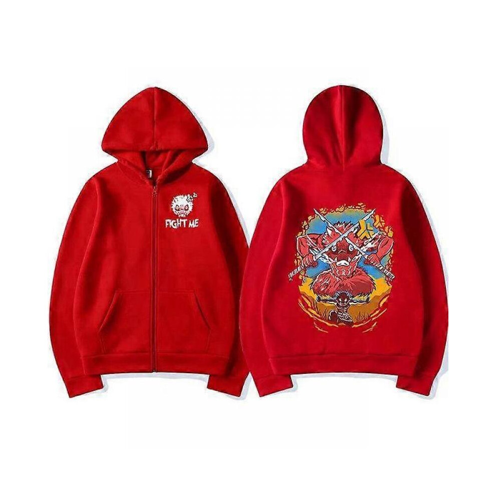 (M,red)Anime Demon Slayer Zipper Hoodies Kimetsu No Yaiba Funny Boar Head Inosuke Zip Up Hooded Sweatshirts Long Sleeves Hoodies Mens Coats Jackets
