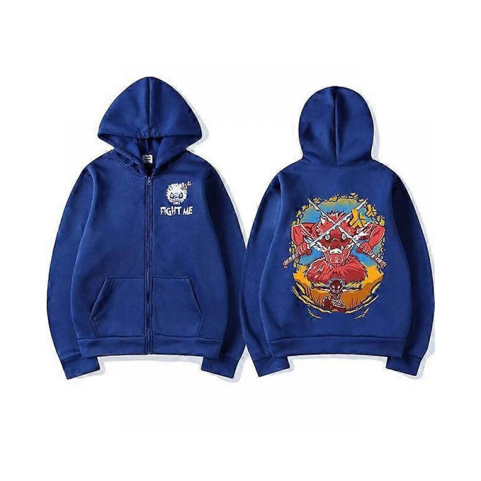 (M,blue)Anime Demon Slayer Zipper Hoodies Kimetsu No Yaiba Funny Boar Head Inosuke Zip Up Hooded Sweatshirts Long Sleeves Hoodies Mens Coats Jackets