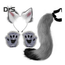 (grey) Faux Fur Animal Costume Accessories Handmade Cat Ear Hairband Fox Tail Claw Gloves Kit for Anime Cosplay Party School Performance