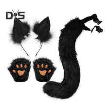 (black) Faux Fur Animal Costume Accessories Handmade Cat Ear Hairband Fox Tail Claw Gloves Kit for Anime Cosplay Party School Performance