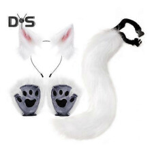 (pink,white) Faux Fur Animal Costume Accessories Handmade Cat Ear Hairband Fox Tail Claw Gloves Kit for Anime Cosplay Party School Performance