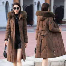 (2XL, brown) Women New Winter Fashion Warm Cotton Clothes Women Cotton Clothes Long Knee Thickening Slim Fit Cotton Clothes