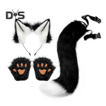 (white,black) Faux Fur Animal Costume Accessories Handmade Cat Ear Hairband Fox Tail Claw Gloves Kit for Anime Cosplay Party School Performance