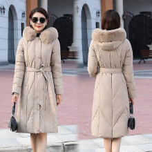 (XL, khaki) Women New Winter Fashion Warm Cotton Clothes Women Cotton Clothes Long Knee Thickening Slim Fit Cotton Clothes