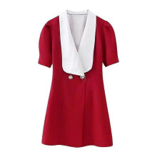 (M, red) Women's Flip Collar Dress Show Waist Bow Design Sense Suit Style European Style New Fashion