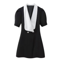(XS, black) Women's Flip Collar Dress Show Waist Bow Design Sense Suit Style European Style New Fashion