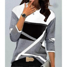 (L, white) Autumn Winter Geometric Print Women Hoodie Color Block Sweats Harajuku Sweatshirt Coats Womens Clothing