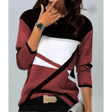 (XXXL, red) Autumn Winter Geometric Print Women Hoodie Color Block Sweats Harajuku Sweatshirt Coats Womens Clothing