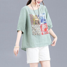 (XL, green) Women Vintage Print Bow Oversized Cotton Linen Blouse Summer Simple Casual Short Sleeve Shirt All Match Comfortable Tops Blusas