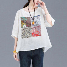 (L, white) Women Vintage Print Bow Oversized Cotton Linen Blouse Summer Simple Casual Short Sleeve Shirt All Match Comfortable Tops Blusas