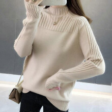 (L, light grey) Half High Neck Korean Women's Pullover Long Sleeves Autumn Winter Solid Color Loose Fit Ladies Sweater