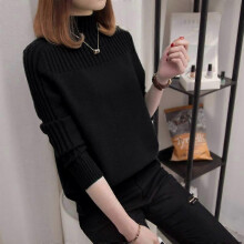 (L, black) Half High Neck Korean Women's Pullover Long Sleeves Autumn Winter Solid Color Loose Fit Ladies Sweater