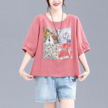 (XL, red) Women Vintage Print Bow Oversized Cotton Linen Blouse Summer Simple Casual Short Sleeve Shirt All Match Comfortable Tops Blusas