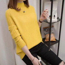 (S, yellow) Half High Neck Korean Women's Pullover Long Sleeves Autumn Winter Solid Color Loose Fit Ladies Sweater