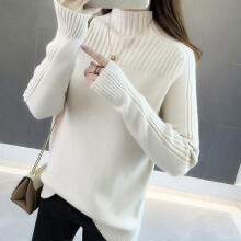 (S, white) Half High Neck Korean Women's Pullover Long Sleeves Autumn Winter Solid Color Loose Fit Ladies Sweater