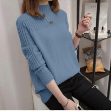 (XL, blue) Half High Neck Korean Women's Pullover Long Sleeves Autumn Winter Solid Color Loose Fit Ladies Sweater