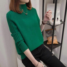(XL, green) Half High Neck Korean Women's Pullover Long Sleeves Autumn Winter Solid Color Loose Fit Ladies Sweater