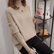 (XL, light brown) Half High Neck Korean Women's Pullover Long Sleeves Autumn Winter Solid Color Loose Fit Ladies Sweater