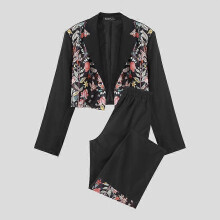 (4XL, black) INCERUN 2PCS SuitS Men Long Sleeve Lace Crochet Floral Print Blazer Coat And Long Pants