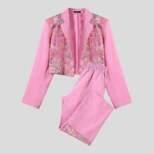 (S, pink) INCERUN 2PCS SuitS Men Long Sleeve Lace Crochet Floral Print Blazer Coat And Long Pants