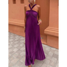 (L, purple) Sexy Elegant Solid Pleated Midi Dress Women Vintage Chic Sleeveless Long Dresses Female Fashion Retro Y2k Backless New Party Clothing