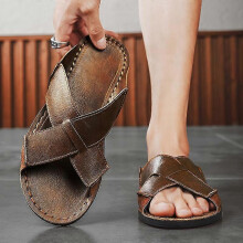 (EU:45, brown) Men Slippers Handmade Simple Flats Gladiator Sandals Summer Roman Sandals Open Toe Beach Shoes Plus Size