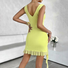 (XL, yellow) Women's Spring and Summer Solid Color Temperament Fashionable Slim Suspender Dress