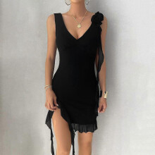 (M, black) Women's Spring and Summer Solid Color Temperament Fashionable Slim Suspender Dress