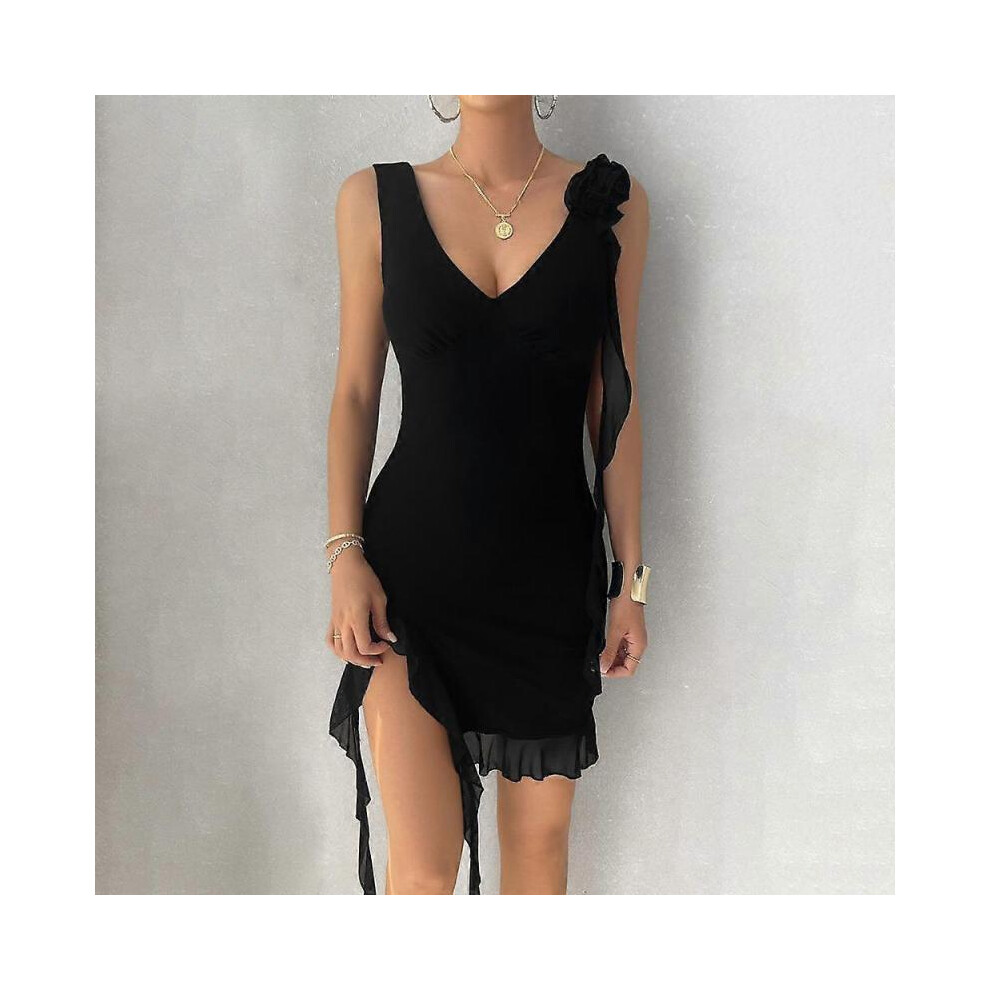 (M,black)Women's Spring and Summer Solid Color Temperament Fashionable Slim Suspender Dress