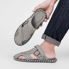 (EU:46, grey) Men Sandals Black Leather Gladiator Sandals Outdoor Summer Roman Sandals for Men Beach Shoes Plus Size