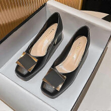 (38, black) Plus Size 43 Women Mid Chunky Heel Pumps Square Toe Fashion Buckle Slip On Office Lady Leahter Shoes Wedding Shoes