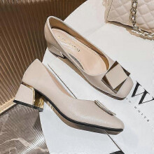 (39, ivory) Plus Size 43 Women Mid Chunky Heel Pumps Square Toe Fashion Buckle Slip On Office Lady Leahter Shoes Wedding Shoes