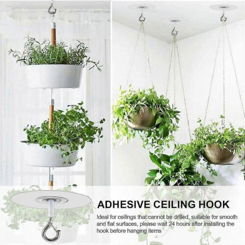 Adhesive Ceiling Hook - No Drill Hanging Hook with Safety Clasp for Plants, Heavy Duty Stick-On Hook 2