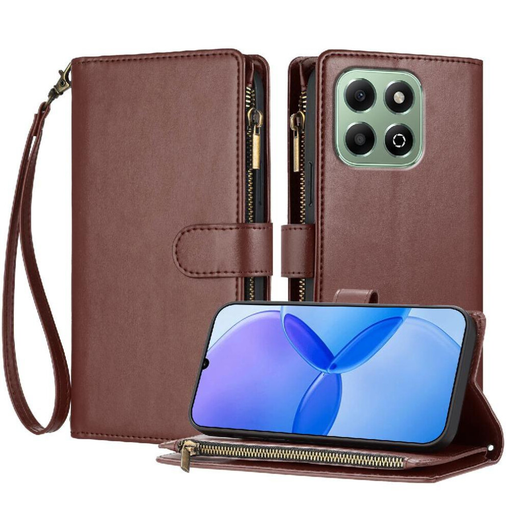 (Brown) Case For Honor X6b Pu Leather Folio Flip Handbag Cover Wallet Zipper Card Slots Brown 764563610167
