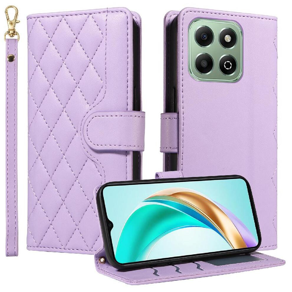 (Purple) Flip Case For Honor X6b Wallet Card Slots Detachable Wrist Strap And Long Lanyard Lattice Flip Folio Phone Case With Stand Purple 764563612338