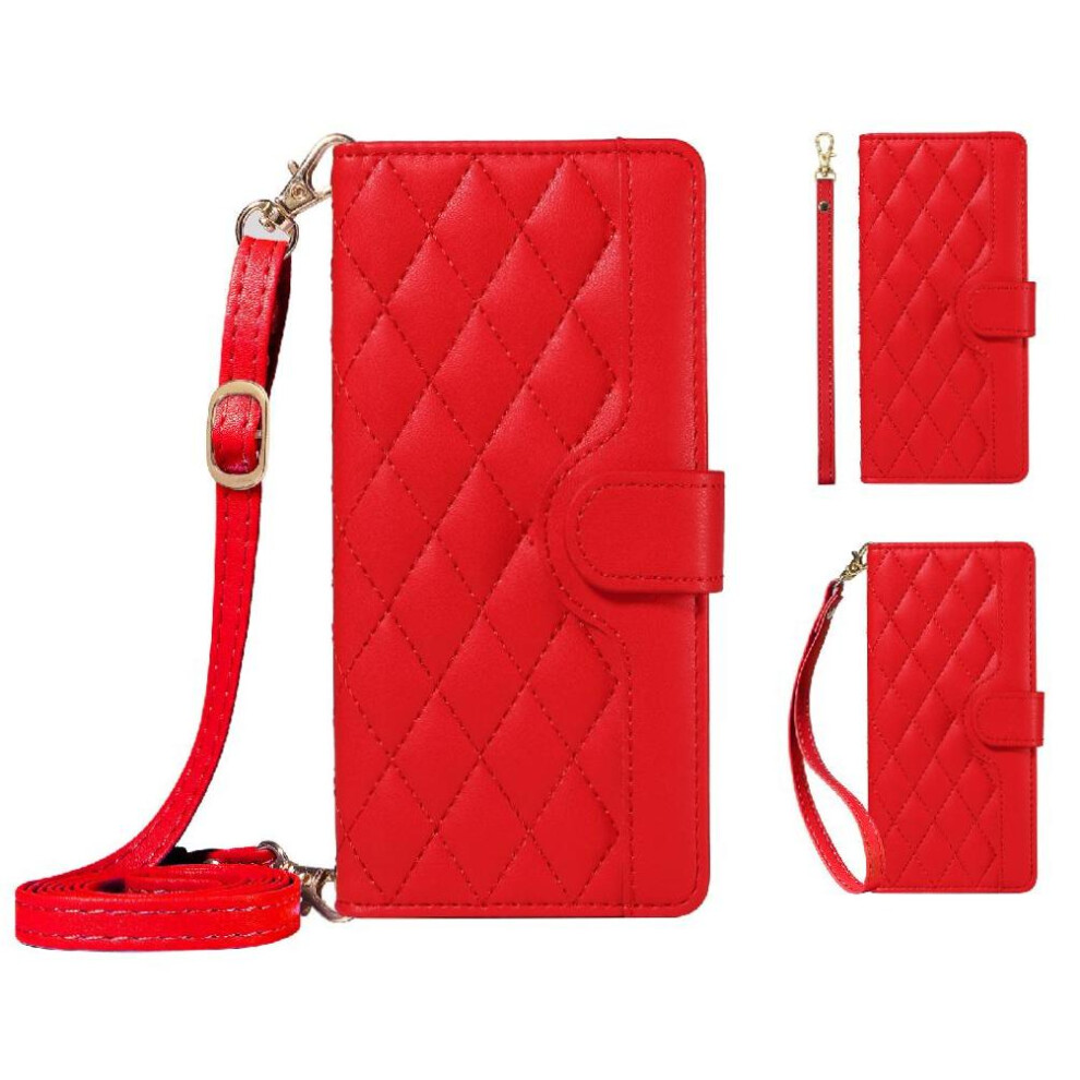(Red) Flip Case For Honor X6b Wallet Card Slots Detachable Wrist Strap And Long Lanyard Lattice Flip Folio Phone Case With Stand Red 764563612345